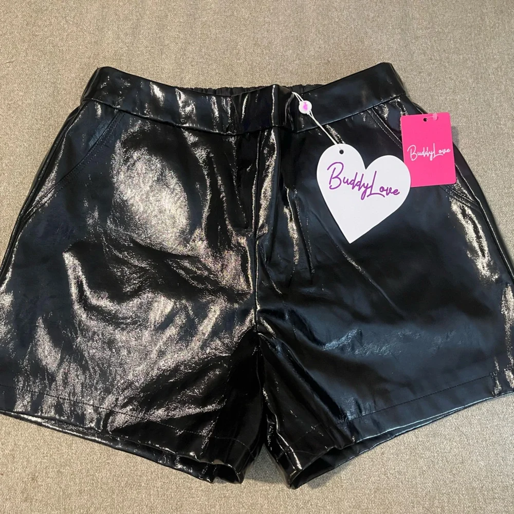Buddy Love Shiny Black High Waist Shorts - Picture 1 of 4